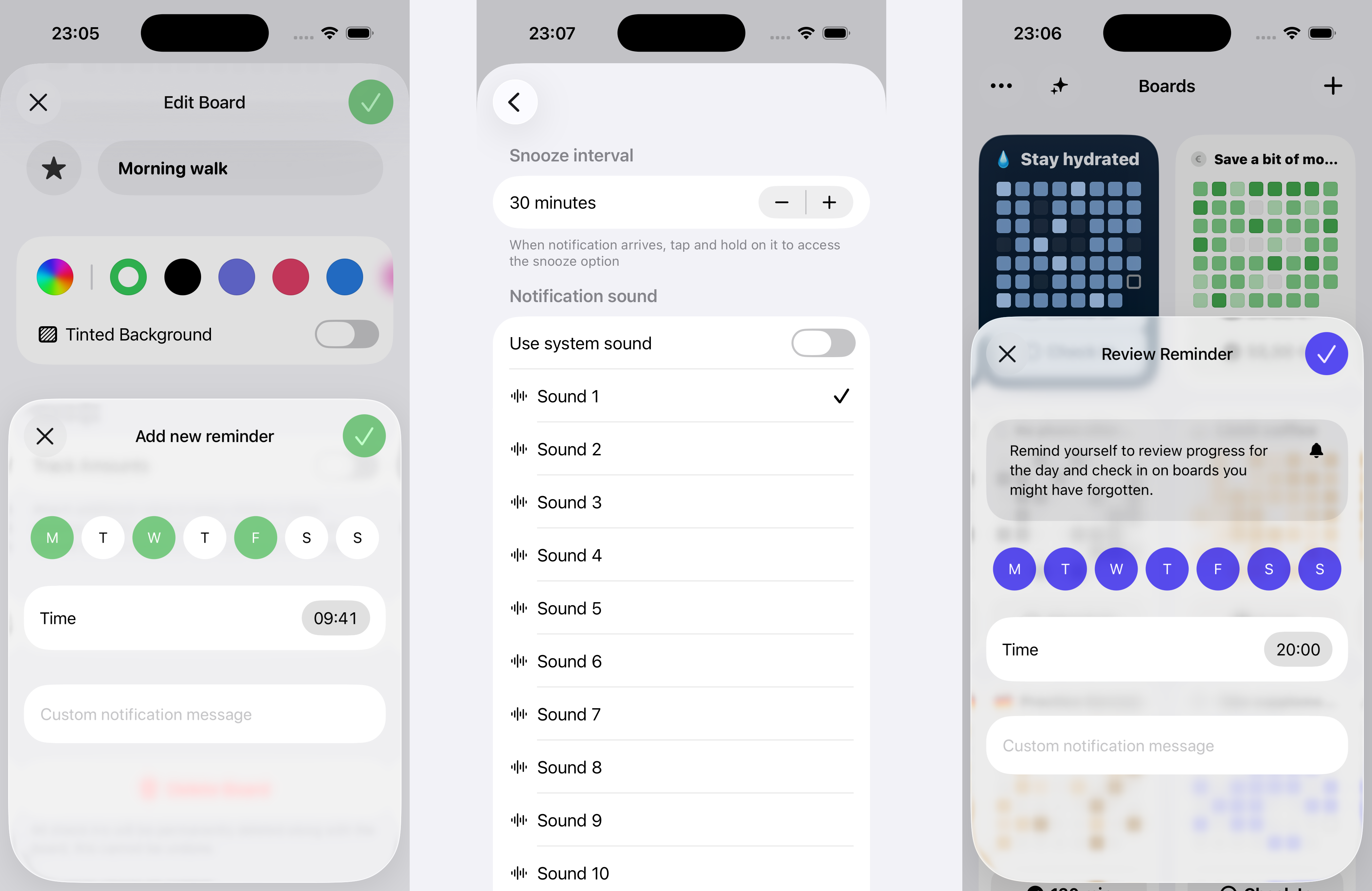 Ripples screenshots showcasing reminders feature